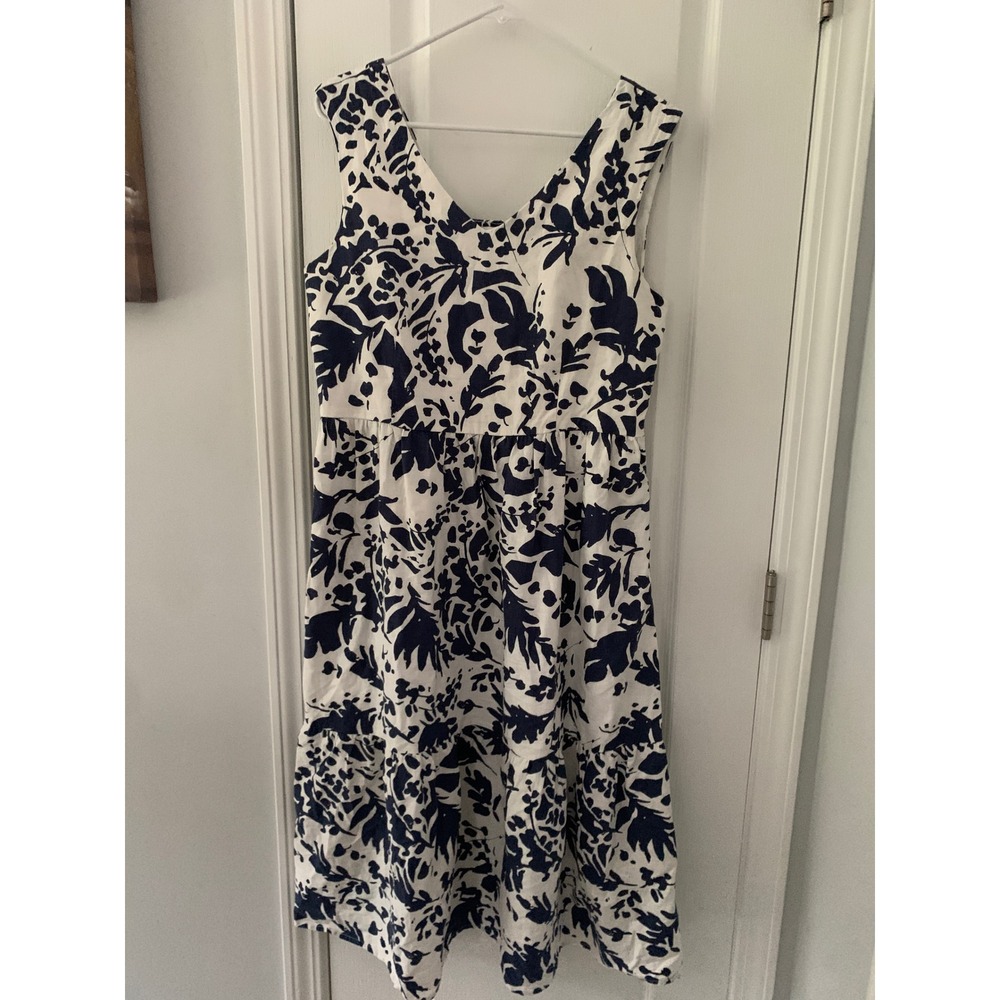 Magaschoni Navy White Floral Linen Blend Tiered Midi Dress Smocked Back Size 10